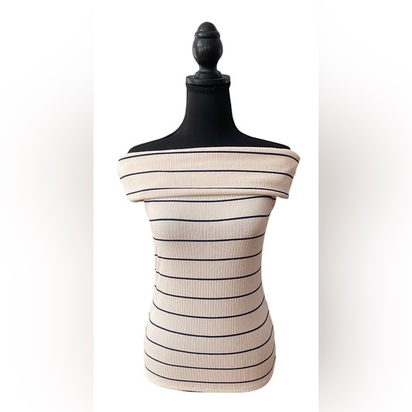 a new day Tops - A New Day: Cream White and Black Off Shoulder Blouse